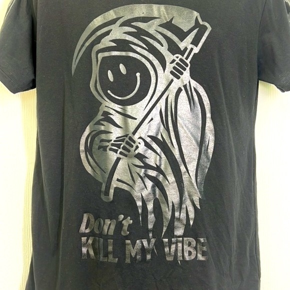 Fresh Laundry - Don’t Kill My Vibe Smiley Grim Reaper Black Short Sleeve T Large - Picture 3 of 12